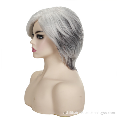 wholesale heat resistant short ombre silvery with gray color wig with Partial part synthetic hair wigs for women